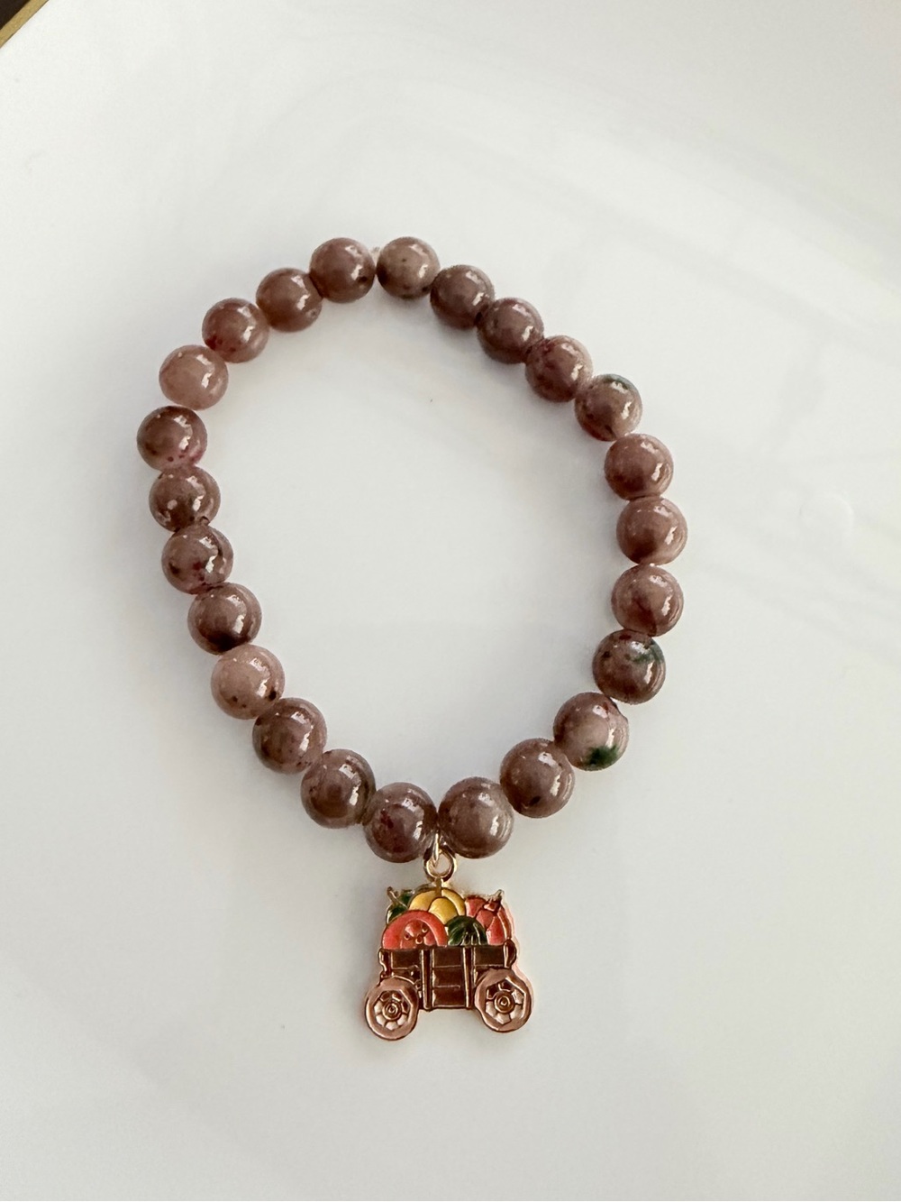 Fall Pumpkin Charm Brown Beaded Stretch Bracelet Handmade Jewelry